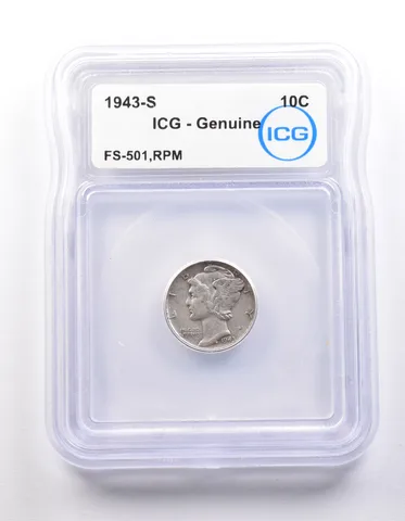 1943-S Mercury Dime FS-501 RPM Genuine ICG *9842