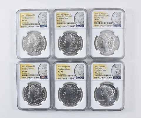 Lot (6) 2021/D/S/O/CC Morgan/Peace Silver Dollar FDOI MS70 NGC a1527