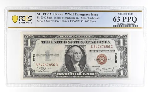 1935 A $1 Silver Certificate Hawaii WWII Emergency Fr#2300 Unc 63 PPQ PCGS *4625