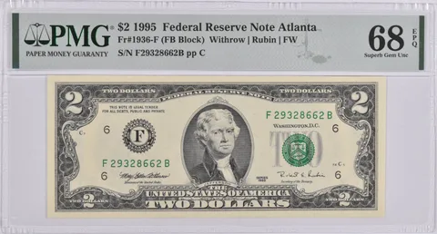$2 1995 Atlanta GA Federal Reserve Note PMG Superb Gem Unc 68 EPQ Fr#1936-F