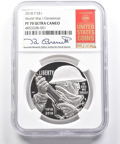 2018-P World War I Commemorative Dollar Kenneth Bressett PF70 NGC a9686