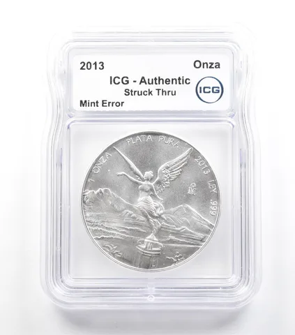 2013 Mo Mexico 1 Onza Silver Libertad Mint Error Struck Thru Authentic ICG *5061