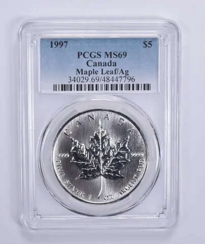 1997 Canada 5 Dollar Maple Leaf 1 Oz Silver MS69 PCGS Blue Label
