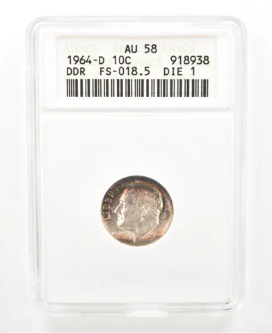 1964-D Roosevelt Dime DDR FS-018.5 Die 1 AU58 ANACS Beautiful Tone *2327