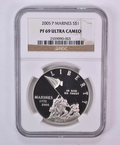 2005-P Marine Corps Commemorative Silver Dollar PF69 UCAM NGC Brown Label