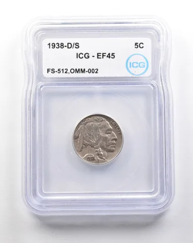 1938-D/S Indian Head Buffalo Nickel Mint Error FS-512 OMM-002 EF45 ICG *1678