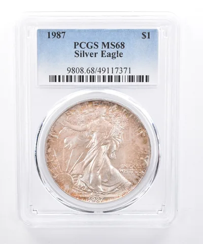 1987 American Silver Eagle MS68 PCGS Iridescent Tone *8473