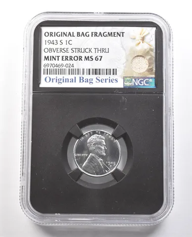 1943-S Lincoln Wheat Cent Original Bag Fragment Mint Error MS67 NGC *6124