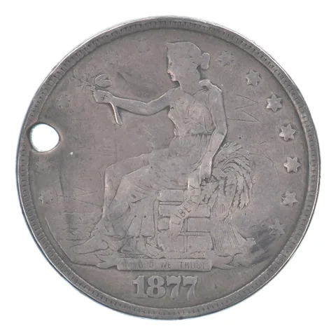 1877 Seated Liberty Trade Dollar Beautiful Tone Holed *8906