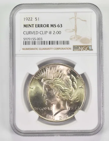 Mint Error MS63 1922 Peace Silver Dollar Curved Clip @ 2:00 - Graded NGC a9699