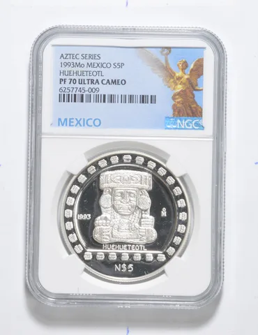 PF70 UCAM 1993 Mo Mexico Silver 5 Pesos Aztec Series Huehueteotl NGC *3399