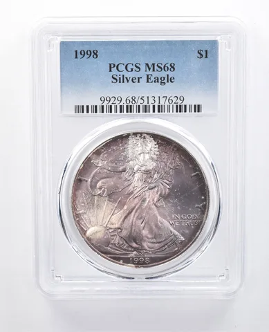1998 American Silver Eagle MS68 PCGS Purple Tone *8154