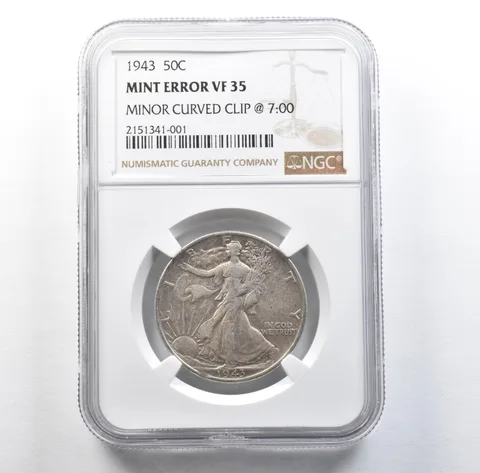 1943 Walking Liberty Half Dollar Error Minor Curved Clip @ 7:00 VF35 NGC *3104