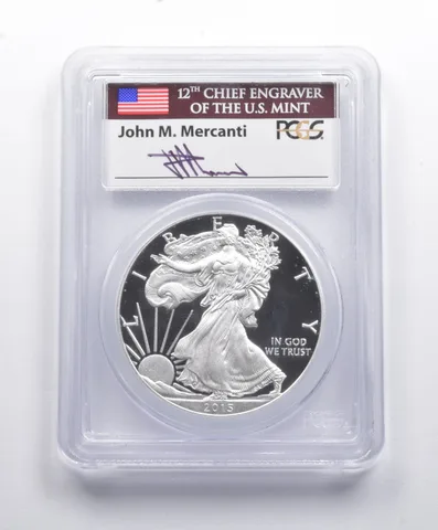 PR70DCAM 2015-W American Silver Eagle FDOI Philadelphia Sign Mercanti PCGS a8826