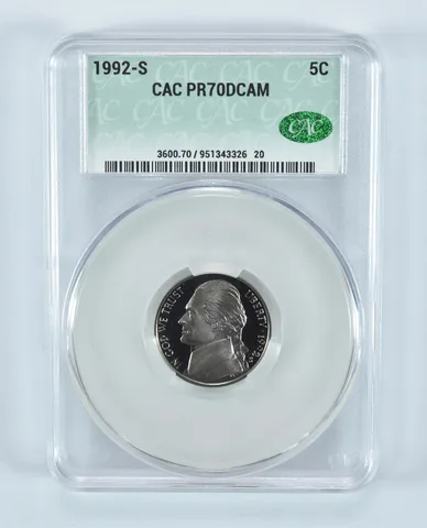 1992-S Jefferson Nickel PR70 DCAM CAC CACg
