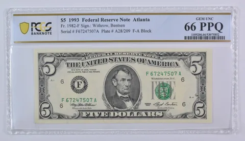 1993 $5 Atlanta GA FRN Fr#1982-F Gem Unc 66 PPQ PCGS