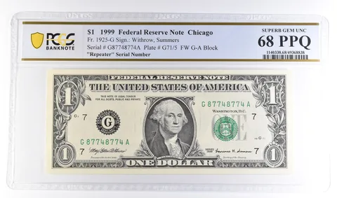 1999 $1 Chicago FRN Fr#1925-G Repeater Serial Suburb Gem Unc 68 PPQ PCGS *6115