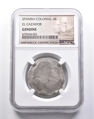Genuine El Cazador Spanish Colonial 4 Reales NGC Shipwreck Certification *3678