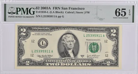 $2 2003-A San Francisco CA Federal Reserve Note PMG Gem Unc 65 EPQ Fr#1938-L