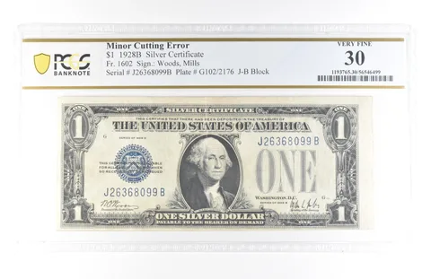 1928 B $1 Silver Certificate Minor Cutting Error Fr#1602 Very Fine 30 PCGS *5793