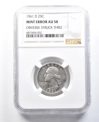 1961-D Washington Quarter Mint Error Obverse Struck Thru AU58 NGC *8215