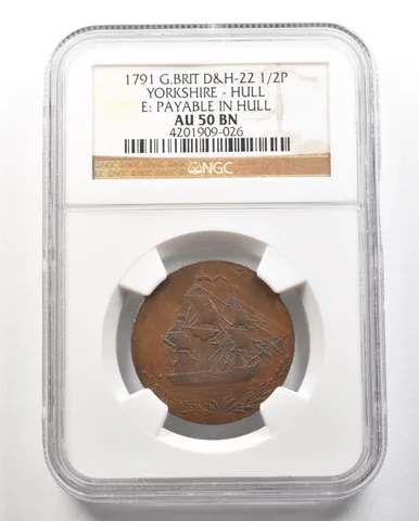 1791 G. Britain D&H-22 1/2 Penny Yorkshire-Hull Payable Hull AU50 BN NGC a4741