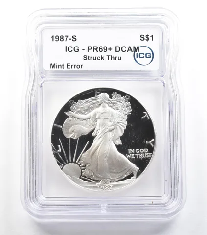 1987-S American Silver Eagle Mint Error Struck Thru PR69+ DCAM ICG *5557