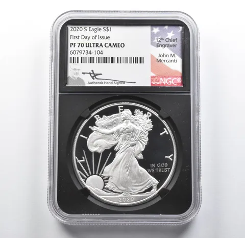PF70 UCAM 2020-S American Silver Eagle FDOI Signed Mercanti NGC a2112