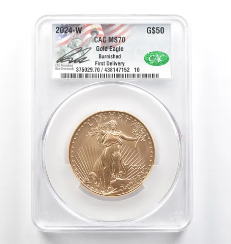2024-W $50 Burnished Gold Eagle Ron Drzewucki 1 Oz Gold MS70 CAC CACg *9827