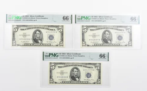 Lot (3) PMG 66 EPQ 1953 $5 Silver Certificate Consecutive Notes Fr#1655 *1155