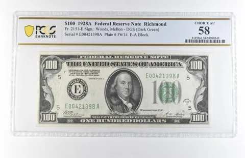 1928 A $100 Richmond VA FRN Fr#2151-E DGS Choice AU 58 PCGS *7861