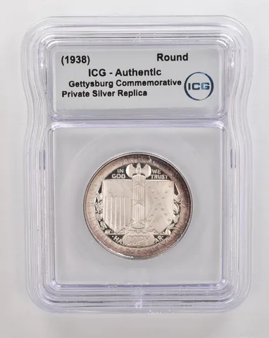 (1938) Gettysburg Commemorative Private Silver Round Authentic ICG Tone *4321