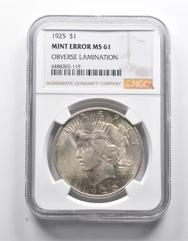Mint Error MS61 1925 Peace Silver Dollar OBV Lamination NGC a1923