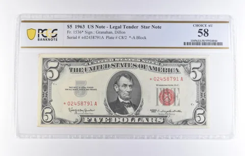 1963 $5 Legal Tender Star Note Fr#1536* Choice AU 58 PCGS *8315