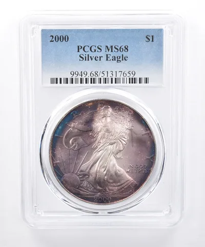 2000 American Silver Eagle MS68 PCGS Blue/Purple Tone *8501