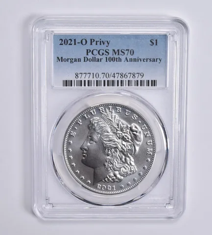 2021-O Privy Morgan Dollar 100th Anniversary MS70 PCGS Blue Lbl