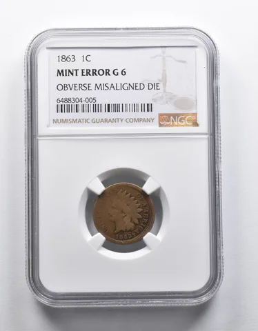 Mint Error G6 1863 Indian Head Cent OBV Misaligned Die NGC a1864