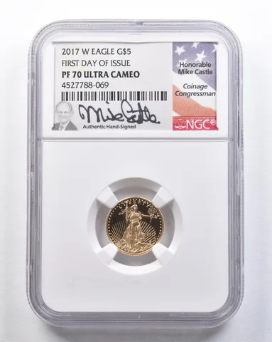 2017-W $5 American Gold Eagle Mike Castle FDOI 1/10 Oz Gold PF70 UCAM NGC *2117
