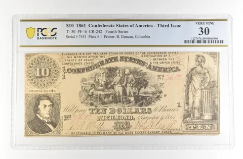 1861 $10 Confederate States America Large Note T-30 PF-6 CR-242 VF 30 PCGS *4157
