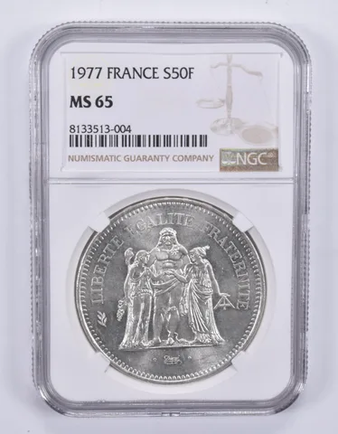 1977 France 50 Francs Silver MS65 NGC Brown Label