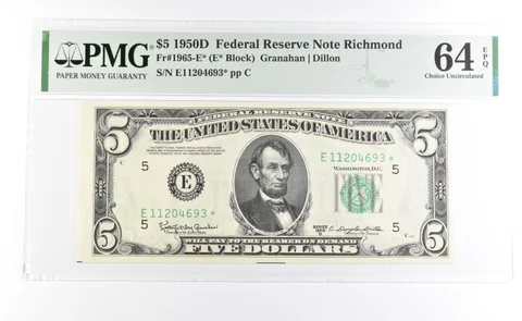 PMG 64 EPQ 1950 D $5 Richmond, VA US FRN Green Seal Fr#1965-E* Star Error a1045
