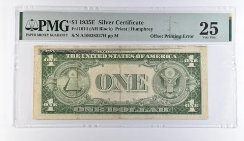 1935 E $1 Silver Certificate Offset Printing Error Fr#1614 VF 25 PMG *9404