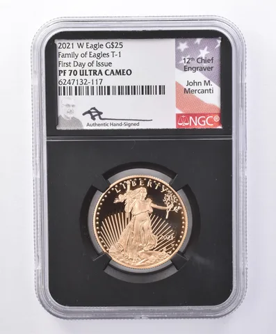 2021-W $25 American Gold Eagle Type 1 FDOI Mercanti 1/2 Oz PF70 UCAM NGC *9123