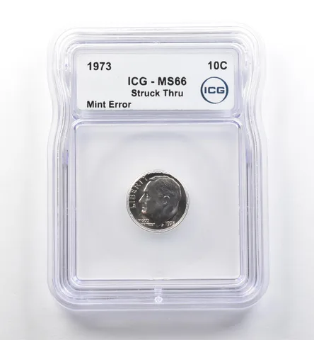 1973 Roosevelt Dime Mint Error Struck Thru MS66 ICG *7493