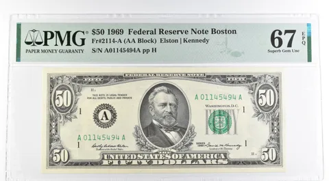 1969 $50 Boston MA US FRN Fr#2114-A 67 Superb Gem Unc EPQ PMG *8490