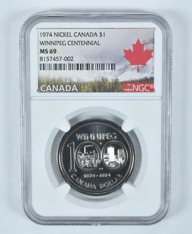1974 Canada 1 Dollar Nickel Winnipeg Centennial MS69 NGC Canada Label