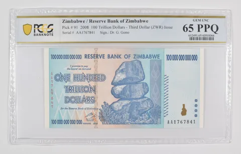 2008 Zimbabwe 100 Trillion Dollars, Authentic P-91, PCGS 65 PPQ Gem UNC