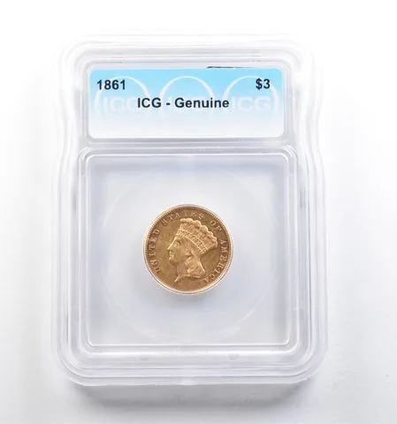 1861 $3 Indian Princess Head Gold Three Dollars Genuine ICG *5696