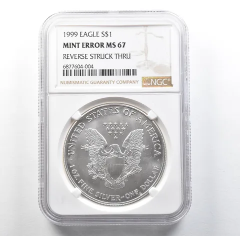 1999 American Silver Eagle Mint Error Reverse Struck Thru MS67 NGC *3161