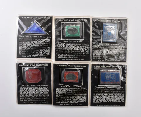 Lot (6) Cloisonne Stamp Masterpiece Silver Stamp Designs *7821